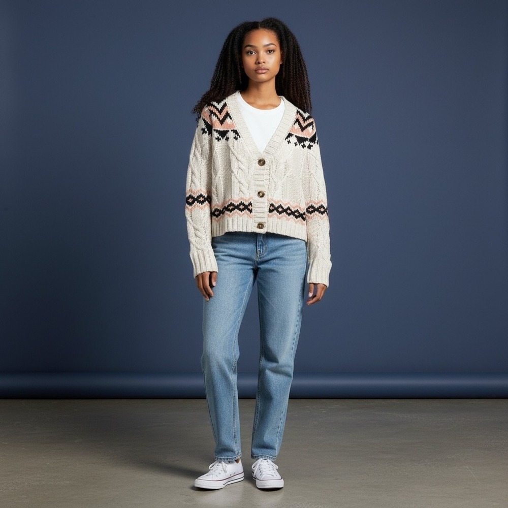 Sage & Oak Young Contemporary Fair Isle Knit Cardigan Sweater XS‎